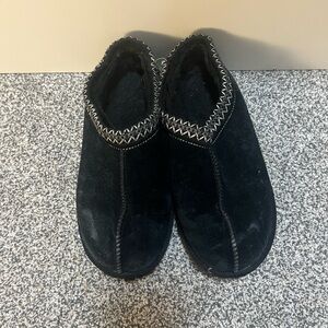 UGG Black Suede Slippers with White Stitching